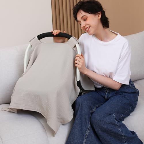 Image of 100% Muslin Cotton Car Seat Cover Baby, Carseat Canopy Cover, Universal Fit Stroller Covers for Boys and Girls (Summer Wheat)