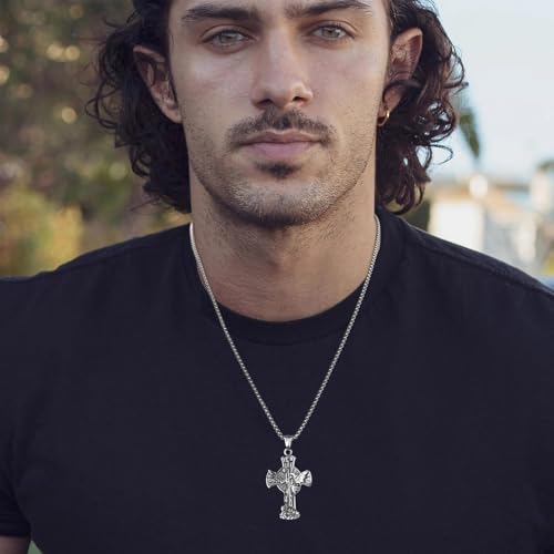 HZMAN St. Michael Archangel Cross Necklace for Men Stainless Steel Retro Angel Exorcism Protect Amulet Pendant3