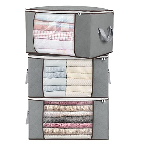 VOKARALA Lot de 3 rangements de rangement de 90 l - Pliable - Avec poignée renforcée, fermeture éclair stable et fenêtre transparente - Pour couettes, vêtements, couvertures (3) Cover