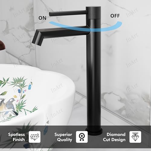 Image of InArt SS-304 Extra Tall Pillar Tap for Wash Basin | 12 Inch High Neck Table Top Tap with 3 inch Extended Thread | Long Basin Faucet Pillar Cock | 7 Years Warranty (Black Matt)