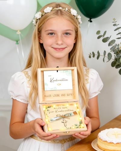 Konfirmation Geschenk, Kreative Kiefernholzbox Geldgeschenk Konfirmation mit Reagenzglas und LED-Lichterkette, für Jungen und Mädchen, für ein Glückliches Aufwachsen