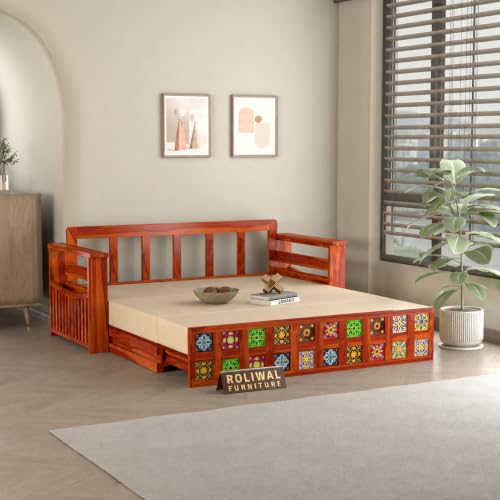 Image of Solid Sheesham Wood Sofa Cums Bed with Mattress & Storage | Rosewood Convertible Sofa Bed for Living Room & Bedroom (F-Honey, 3 Seater)