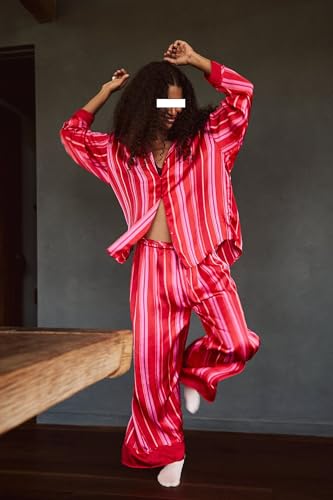 Image of Women Floral Satin Pajamas Long Sleeve Button Shirt Silk Wide Leg Pants Set
