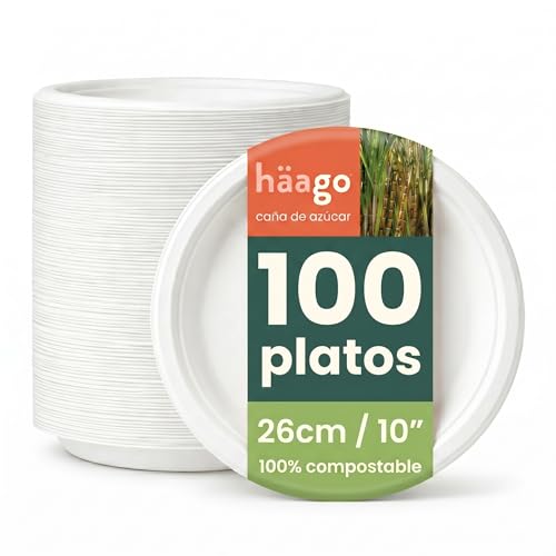 HAAGO 100 Platos Compostables de Caña de Azúcar, 26 cm / 10' - Platos de Cartón Resistentes, Anti-Grasa y a Prueba de Fugas – Biodegradables & Desechables para Fiestas, Bodas y Cumpleaños