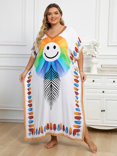 Image of KECVOT Kaftan Dresses for Women V-Neck Print Swimsuit Cover Up Plus Size Beach Caftan Lounge Dress