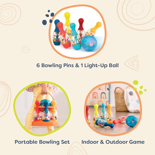 B. toys Kegelspiel für Kinder – Buntes Bowling Set mit leuchtendem Ball, hüpfenden Perlen und Aufbewahrung – Indoor und Outdoor Spielzeug ab 2 Jahren