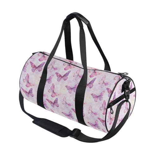 Pink Butterfly Sports Duffel Bag Large Capacity Barrel Gym Bag with Full Print Polyester Fabric, Multiple Pockets and Detachable Strap for Sports Gym and Weekend Getaways