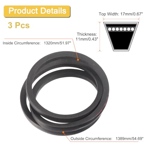 Image of uxcell 3 Pack B52 Classic Wrapped V-Belt, 55 inch Outside Circumference Wrapped Industrial Rubber V-Belt B Profile V-Belt for Industrial Machinery Equipment, Black