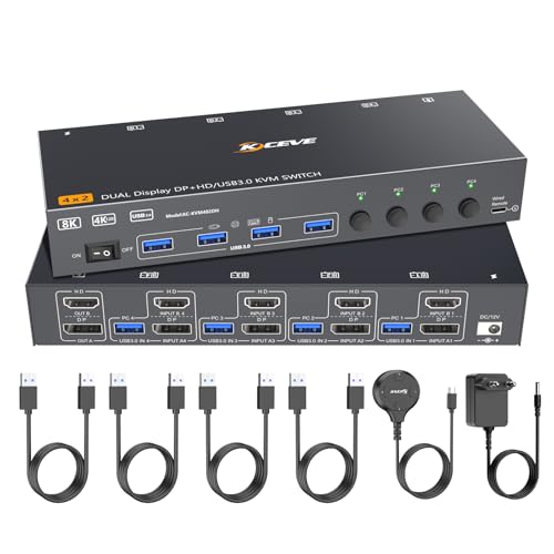 8K@60Hz Dual Monitor KVM Switch, ESKEVE 4K@144Hz HDMI Displayport KVM Switch 4 PC mit 2 Monitore und 4 USB-Geräten, Netzteil, kabelgebundene Fernbedienung und 4 USB 3.0-Kabel im Lieferumfang enthalten