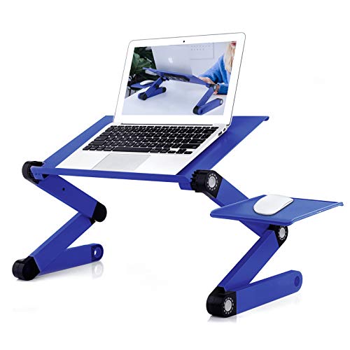 Adjustable Laptop Stand, RAINBEAN Laptop Desk with 2 CPU Cooling USB Fans for Bed Aluminum Lap Workstation Desk with Mouse Pad, Notebook Holder Sofa, Bed Table Office Tray Blue