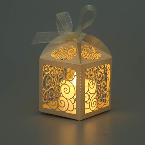 KPOSIYA 100 Pack Wedding Favor Boxes Laser Cut Boxes Party Favor Box Small Gift Boxes Lace Candy Boxes for Wedding Bridal Shower Baby Shower Birthday Party Anniverary with Ribbons (Beige, 100) - Thumbnail 2