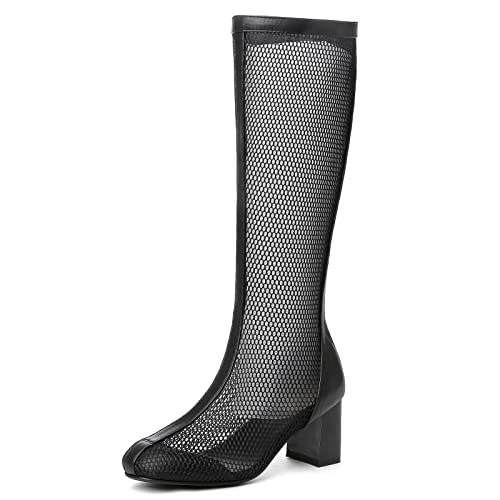 Gicoiz Women Block Heels Fashion Knee High Mesh Boots Summer