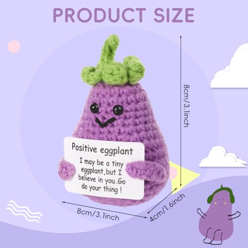 Image of Zibuyu Handmade Crochet Eggplant Toys Desk Decor with Positive Message Card Cute Motivational Crochet Toys Gift for Office Home Baby Nursery, Purple