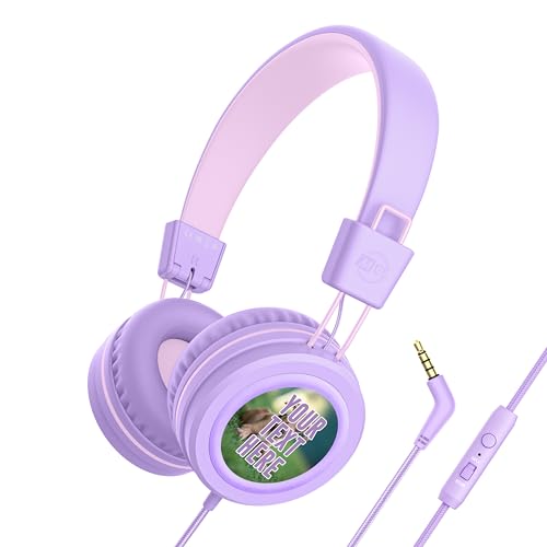 Image of MEE audio KidJamz KJ55 Personalized Wired Headphones for Kids with Custom Full Color Photo Print, 3.5mm Plug Headset, Volume Limiter, & Microphone, Printed Graphics for School, Gift, Travel (Lavender)