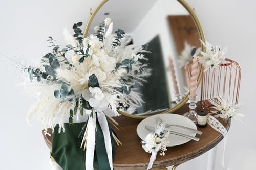 Ramo de boda preservado blanco y verde 9 pulgadas miniatura 3