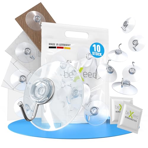 BEXEED Saugnapf Haken 60mm 10 Stück inkl. Vorreinigungstuch - Saughaken extra stark - Saugnäpfe für Fenster Badezimmer Küche Glas Spiegel Fliesen - ohne Bohren (Ø 60mm)