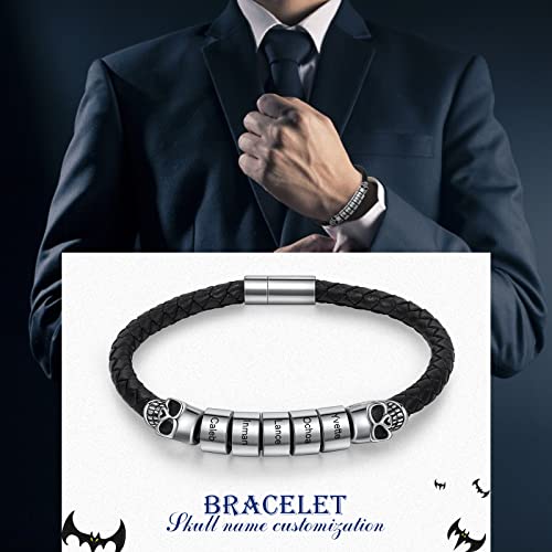 Personalized Men Black Braid Bracelet, Custom Leather Bracelet For Men With 2-5 Names Engraved Names Beads Unisex Engraved Men's Id Bracelet For Birthday Father's Day Valentine's Day For Boyfriend (5 Names) #TOP2