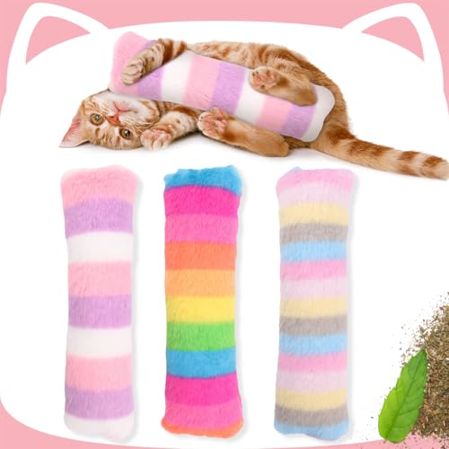 Mankoda Cat Toys for Indoor Cats, Cat Nip Toy for Kitten, 3 Pack Interactive Kitten Exercise Kicker Toys, Rainbow Colors, 9.5 Inches