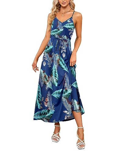 Image of HUSKARY Womens Summer Sleeveless V Neck Spaghetti Strap Pockets Beach Boho Vacation Casual Spring Maxi Dress