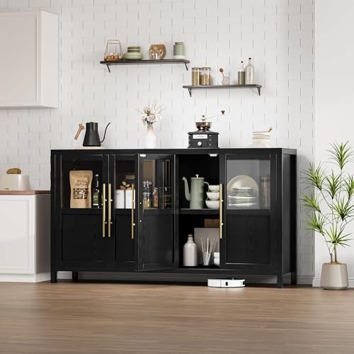 GAOMON 55" Farmhouse Sideboard Buffet Cabinet with 4 Glass Doors – Wood Grain Display Storage Cabinet for Dining Room, Kitchen, or Living Room, Blac