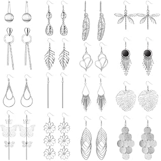 Roheafer 16 Pairs Drop Dangle Earrings Statement Boho Earrings Long Bar Leaf Twist Curved Gold Dangle Earrings for Women Girls