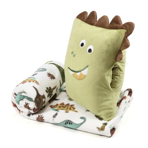 Image of Kids Travel Pillow and Blanket Set - 40 inchx60 inch Dinosaur Blanket | Cute Dinosaur Plush Pillows with Hand Warmer,Kids Blanket for Boys,Perfect for Birthday Christmas and Travel Essential