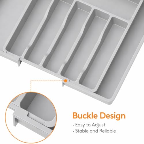 Image of Expandable Cutlery Organizer for Kitchen Drawer | Adjustable Utensil, Spoon, Fork, Spatula, Knife Storage Plastic Divider Tray 8 Compartments | BPA Free - Grey