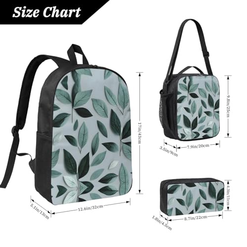 Backpack Set with Lunch Bag & Pencil Case Mint Gray Leaf Print Oxford Fabric Portable Useful Bag Set4