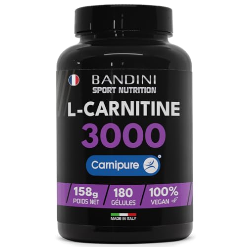 Bandini® L-Carnitine 3000, 180 gélules avec Carnipure® à Haute Dose, Supplément sportif avec L Carnitine Tartrate, Pure Carnitin à haute absorption et biodisponibilité, Vegan et sans additifs