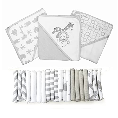 Image of Spasilk Bath Hooded Towels & Baby Washcloths Set, Baby Bath Essentials for Everyday Use, 23-Piece Gift Set, Gray Lion