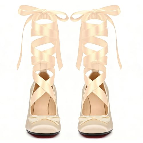 UniqueStride Women's Satin Ballet Heels Bow Pumps Lace Up Chunky Block High Heeled Square Toe Party Ballerina Mary Janes Elegant Party Shoes(Apricot, US Size 7.5) by UniqueStride - Used condition - Image 6
