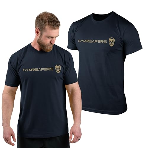 Gymreapers Workout Short Sleeve Shirt Workout T-Shirt for Men Crew Neck Shirts Casual Gym Cotton Everyday Tee (X-Large Navy/Gold)
