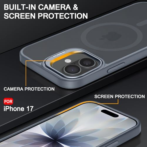 Image of TheGiftKart Hybrid Matte Frosted Back Cover Case for iPhone 17 Compatible with MagSafe | Built-in Stand | Shockproof Hard Back Cover Case for iPhone 17 (PC & TPU, Translucent Grey)