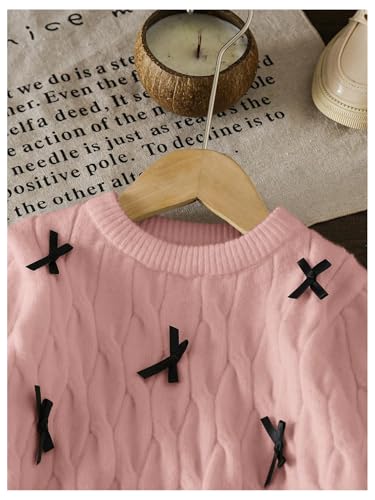 MakeMeChic Girl's Bow Decor Cable Knit Sweater Crew Neck Long Sleeve Cute Sweaters Pullover Top3