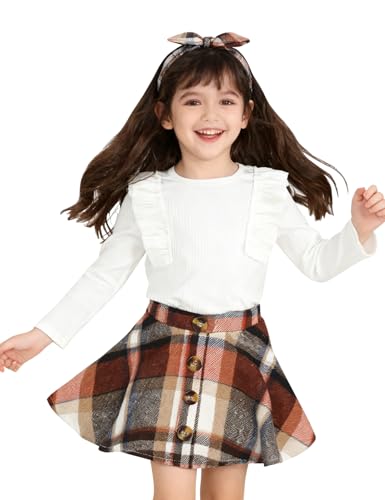 Image of AGQT Toddler Girls Fall Winter Clothes Long Sleeve Ribbed T-Shirt Knit Tops Plaid Button Mini A-line Skirts Set Outfits