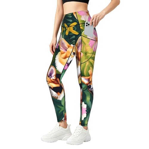 Leggings con bolsillos de corgi y flores: confort y soporte para fitness
