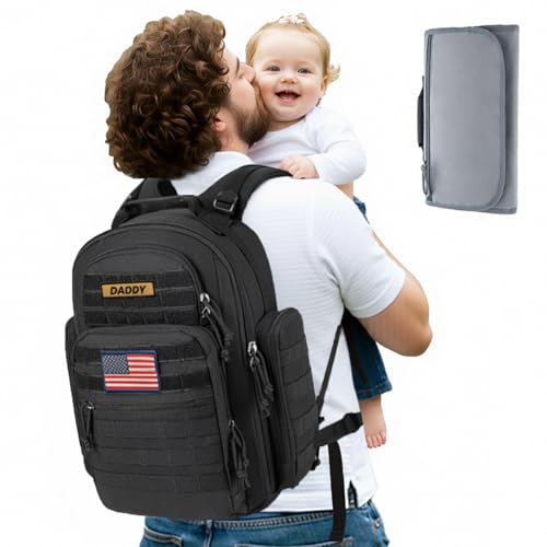 Image of SHARKMOUTH Dad Diaper Bag Military - Large Baby Diaper Backpack with Changing Pad for Travel Camping Trips Park - Newborn Baby Shower Gifts Black for Father's Day