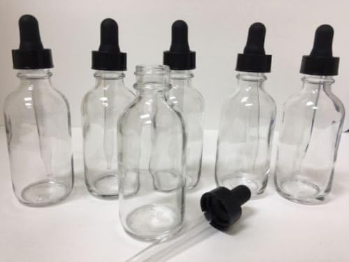 6 Pack - 2oz Clear Boston Glass Bottles with Glass Eye Dropper 60 ML