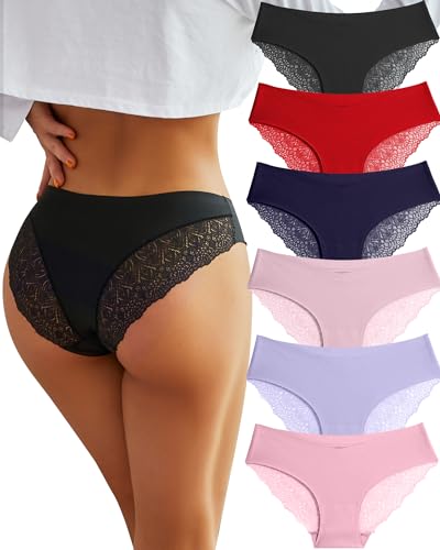 BeReady Damen Unterwäsche Seamless Slips Damen V Taille Unterwäsche Frauen Spitzen Nahtlose Hipster Unterhosen Spitze Slip Mehrpack 6er Pack