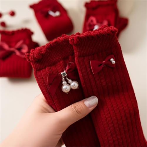 Toddler Girl's Christmas Knee High Socks, Ribbed Bowknot Rhinestone Pearl Decoration Anti-Slip Calf Socks3