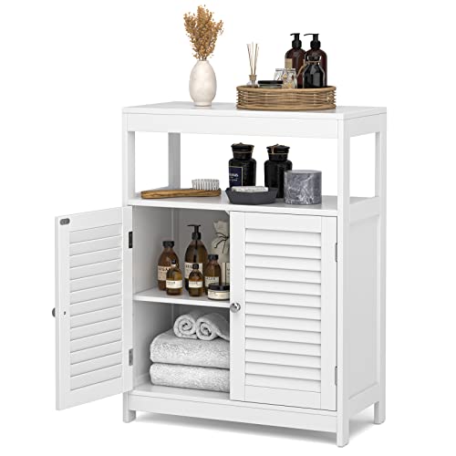 Tangkula Bathroom Storage Cabinet, Freestanding Floor Cabinet w/Double Shutter Doors & 3-Position Adjustable Shelves, Wooden Bathroom Organizer for Living Room (White)