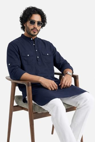 Image of SNITCH Men Casual Kurta Shirt | Regular Fit Full Sleeve Mandarin Collar Solid Pattern | Premium Cotton Linen Blend & Breathable Fabric for Festive Season & Holiday Wear