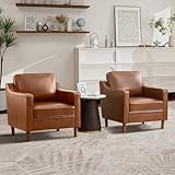 Kingfun Accent Chair Set of 2, Living Room Chairs, Faux Leather Reading Armchair, Mid Century with Solid Wood Foot, Upholstered Modern Decor for Bedroom, Apartment, Dark Brown