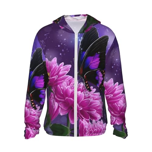 UPF 50+ Sun Protection Hoodie Rash Guard Long Sleeve Sun Shirt Purple butterfly flowers UV Shirt Full Zip Jacket