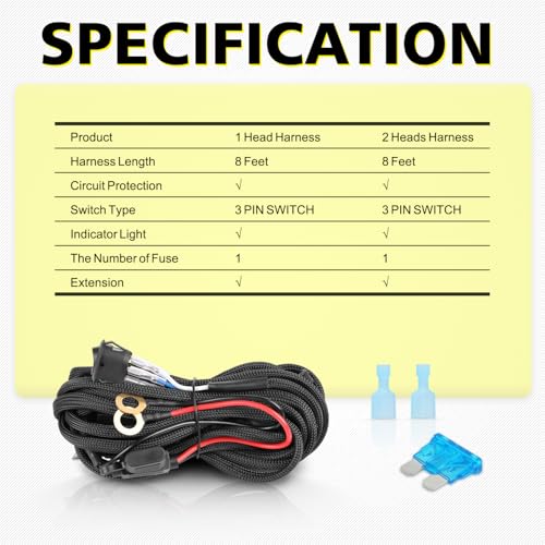 Image of AKD LED Light Bar Wiring Harness Kit - 12V 40A Relay Fuse Rock Switch for Offroad Driving Lights - Nylon Harness for Truck Pickup ATV UTV SUV Boat