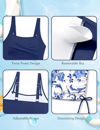 Image of Girls Tankini Swimsuit 2 Piece Bathing Suit Twist Cross Back Cutout Swim Tank Top Floral Print Swimwear for 7-18Y