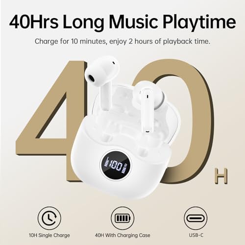 Image of xinwld Adaptive Hybrid Active Noise Canceling 2026 Wireless Earbuds, 6 Mics ENC Clear Call Ear Buds, Hi-Res Audio Deep Bass Bluetooth 5.4 Headphones, 40H, LED, for Sports Running Gym Workout, White