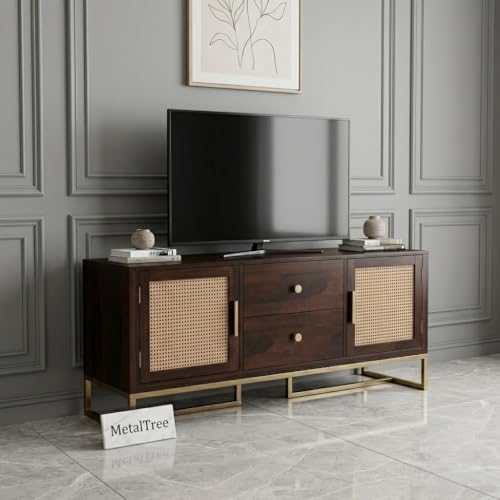 Image of Sheesham Wood Wooden tv Unit for Living Room 55 inch TV Furniture - Entertainment Unit Solid Wood tv Table for Living Room 55 inch TV Console with 2 Drawers, 4 Shelves & Ratan Door
