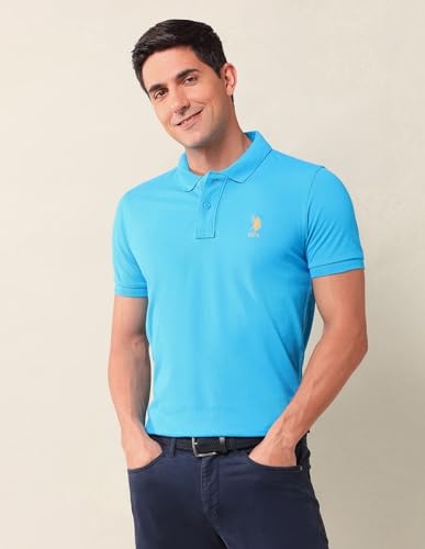 Image of U.S. Polo Assn. Men's Blue Solid Polo Collar Half Sleeve Casual Cotton Slim Fit T-Shirt