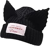 Cat Beanie with Ears Cat Ear Hat for Women Men Winter Knit Wool Cap Warm Slouchy Crochet Hat Pure Black